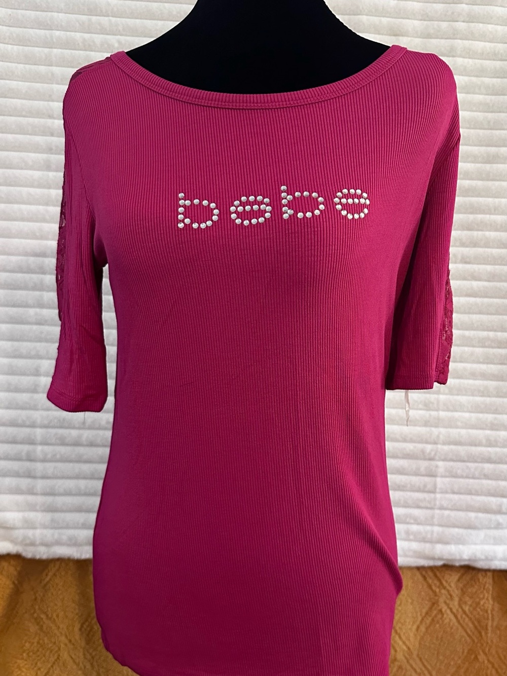 bebe Hot Pink Rhinestone Logo Ribbed Tank Top - Picture 2 of 3